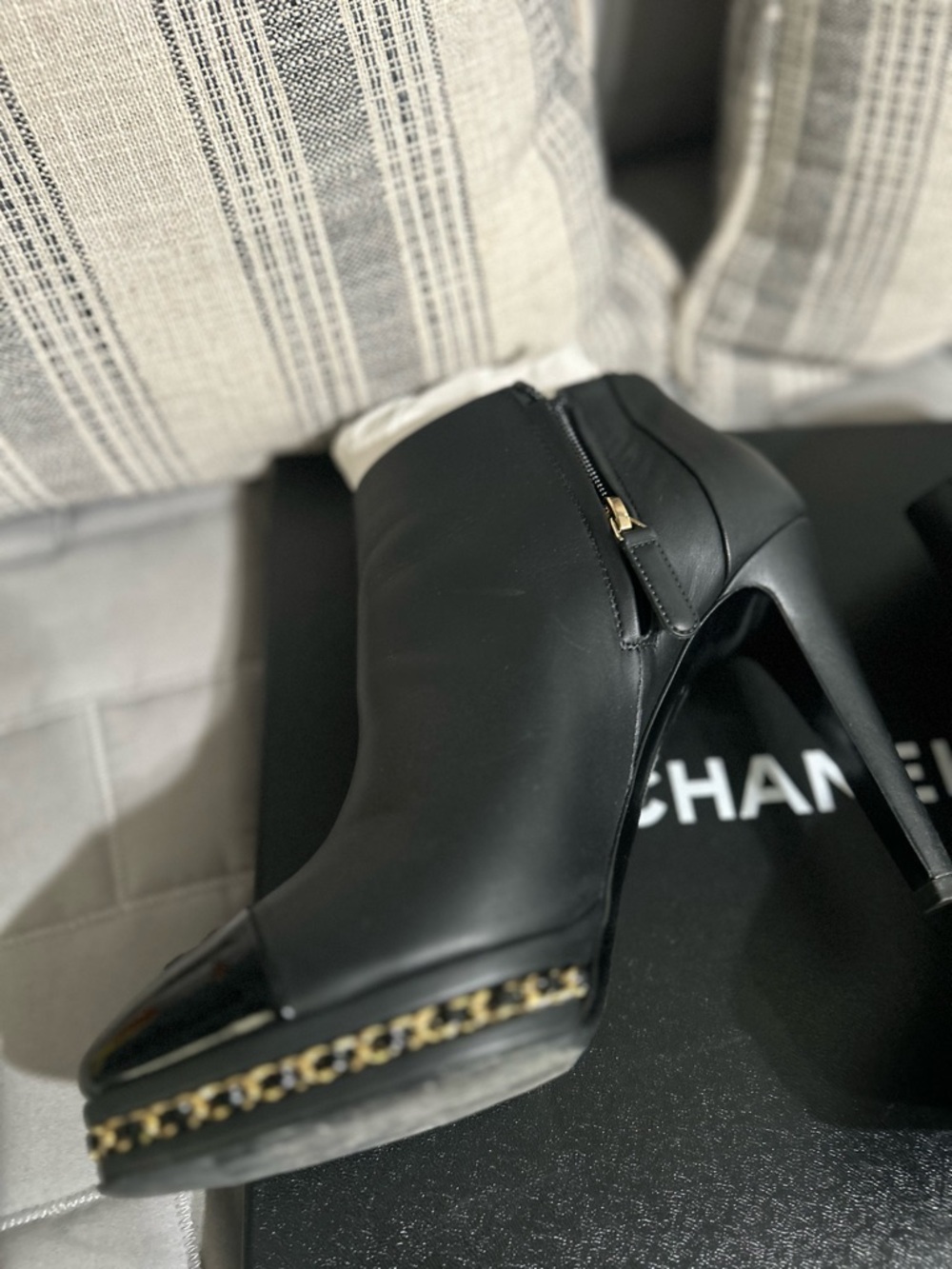 CHANEL Black Leather Peep-Toe Ankle Booties with Patent Cap Toe - Picture 3 of 8